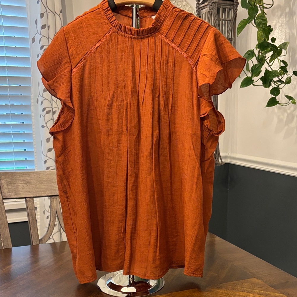 Rust Orange Ruffle Sleeve Blouse